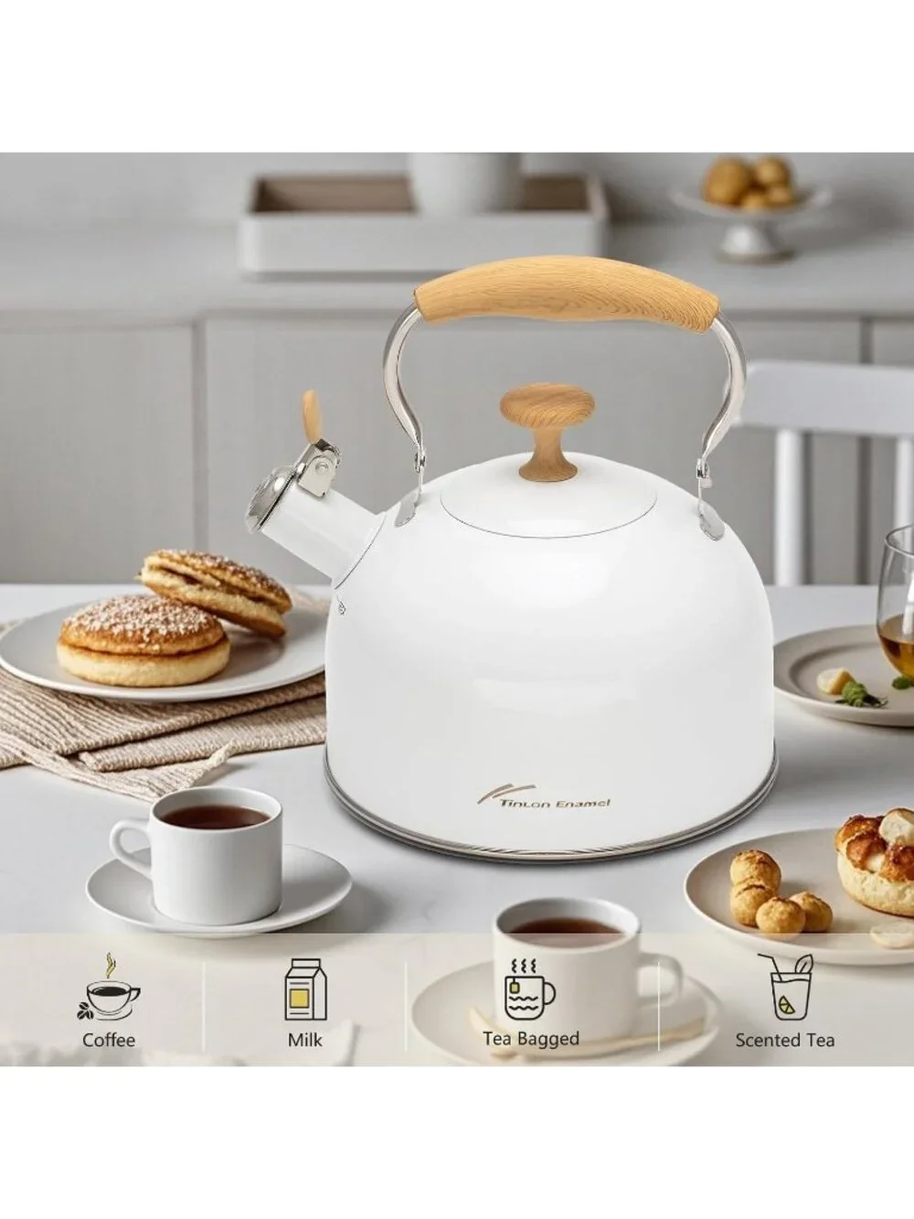 White Stainless Steel Whistling Tea Kettle 2.4L Stovetop Induction Gas Handle